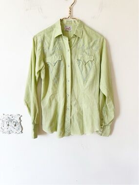 Tem Tex Vintage Green Gingham Embroidered Xtra Long Tails Western Shirt 15 / M